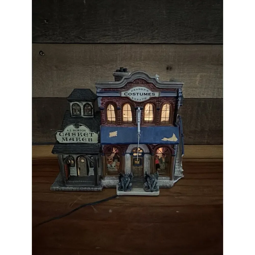 VTG Lemax Spooky Town Dragon's Breath Costume Shop Casket Maker Halloween -flaws